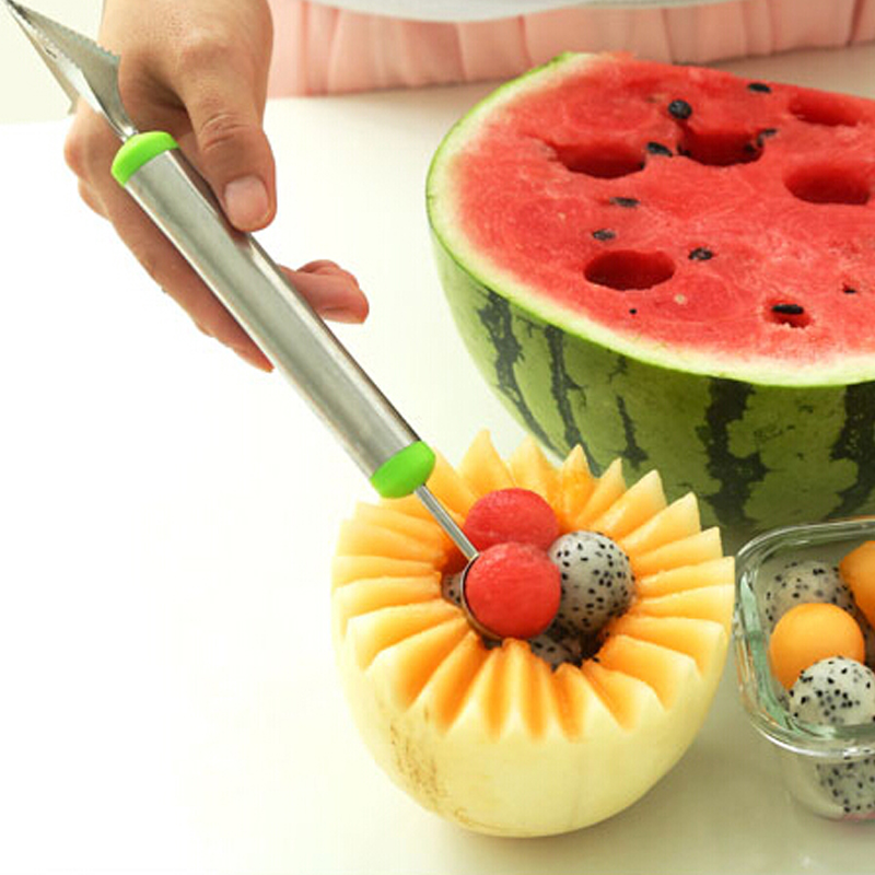 1 pc Double-End Kitchen Dual Function Stainless Steel Ice Cream Fruit Salad Scoop Spoon Baller Melon Carving Cutter