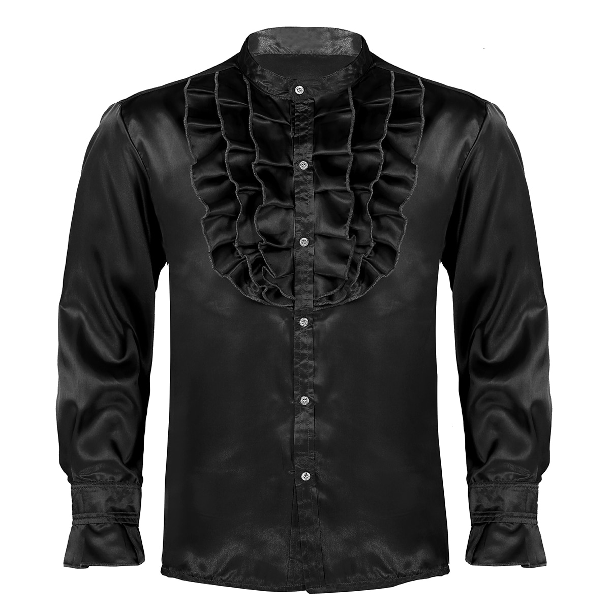 Vêtements pour hommes Hip Hop fête Clubwear soie col montant avant à volants bouton bas Slim Fit Vintage mariage smoking robe chemises: Black / L