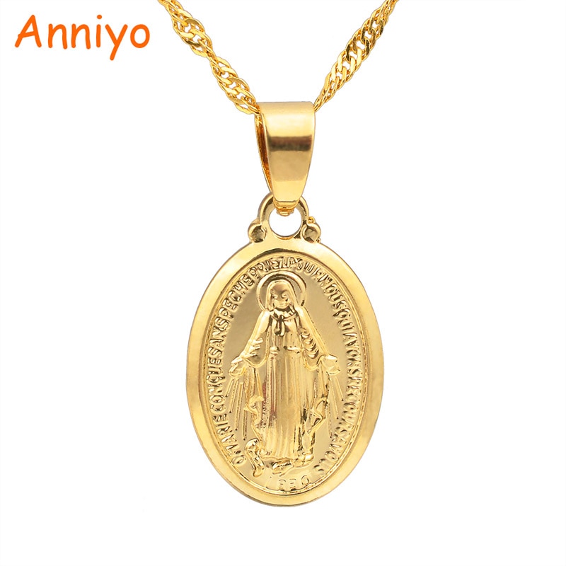 Anniyo Maagd Maria Hanger Ketting Voor Vrouwen, zilver Kleur/Goud Kleur Onze Dame Sieraden Colar Cross Trendy Chain #006210: Gold Color / With 60cm Thin Chain