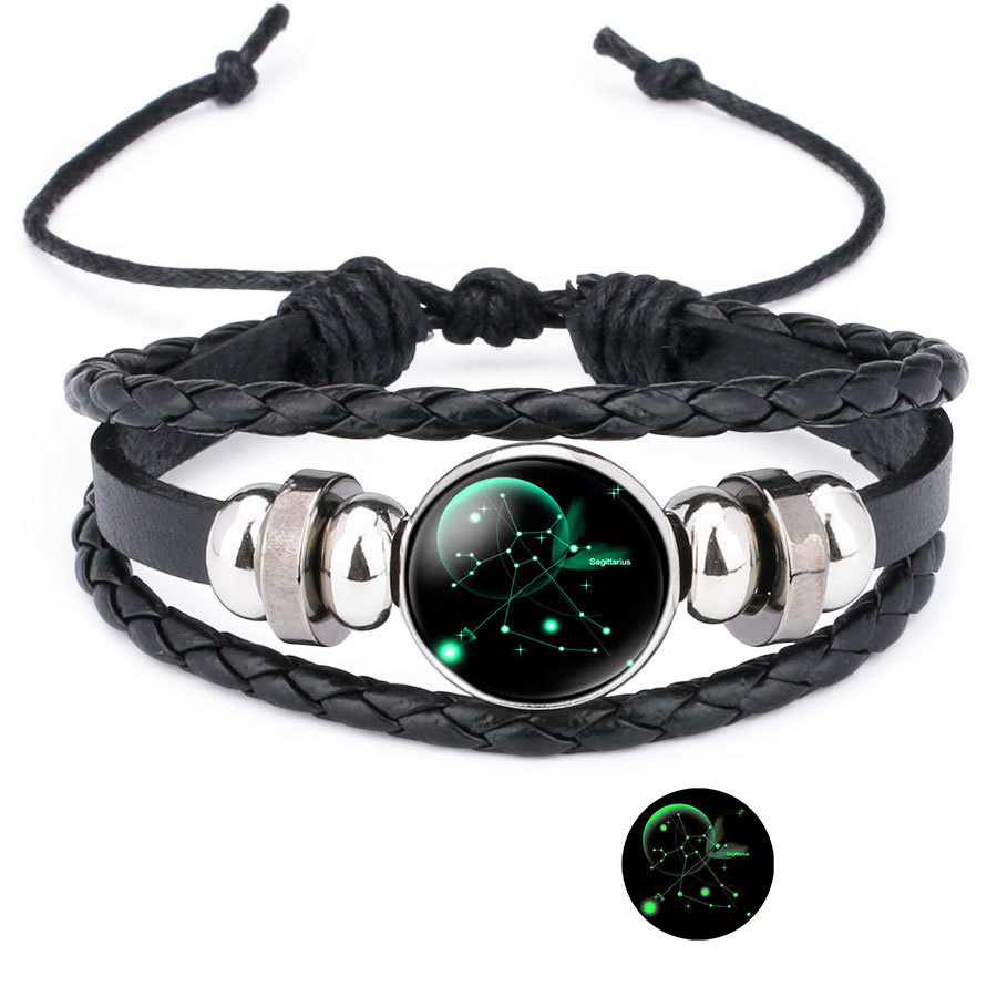 12 zodiac Glow in The dark Teken Armbanden Voor Vrouwen Mannen constellation Drukknoop charm Leather Rope Bangle Mode-sieraden