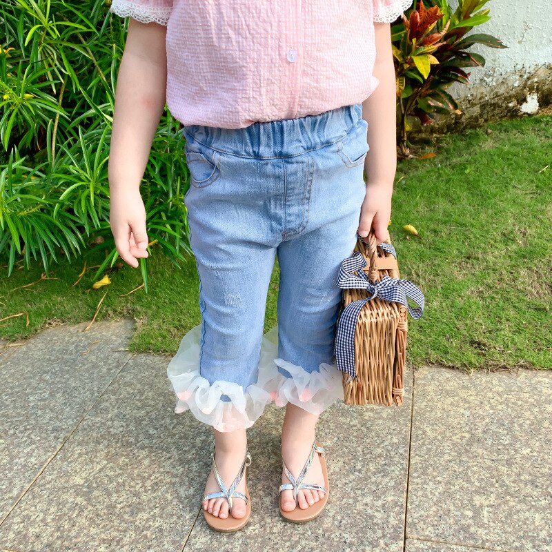 Flickor sommar jeansbyxor barn jeans barn byxor för småbarn bebis tjej prinsessa mesh jeans torusers kläder 1-5 år