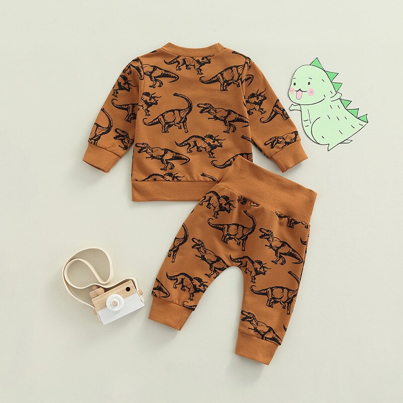 0-24 Maanden Cool Baby Boy Dinosaur Set, lange Mouw Ronde Hals Tops Elastische Hoge Taille Gedrukt Lange Broek, Kinderkleding