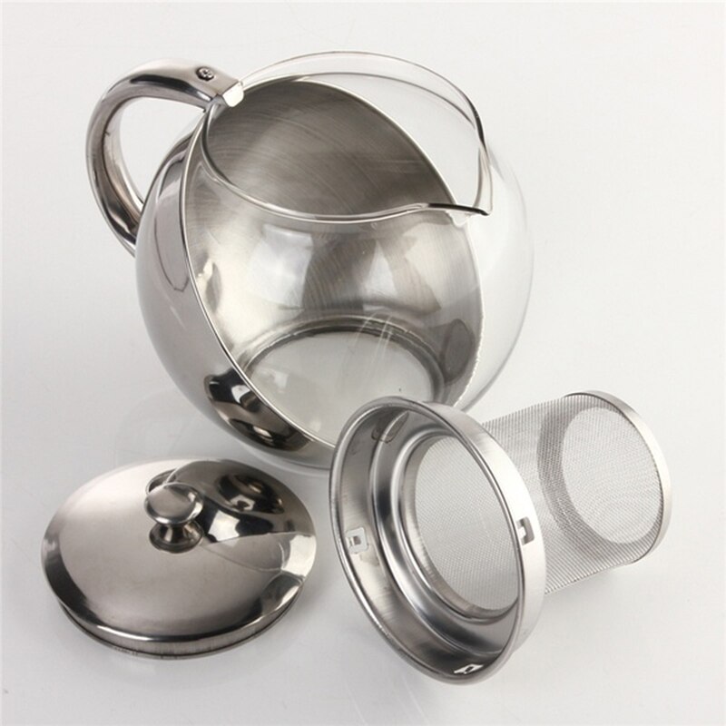 Modern Stylish Stainless Steel + Glass Teapot With Loose Tea Leaf Infuser Silver Accessories