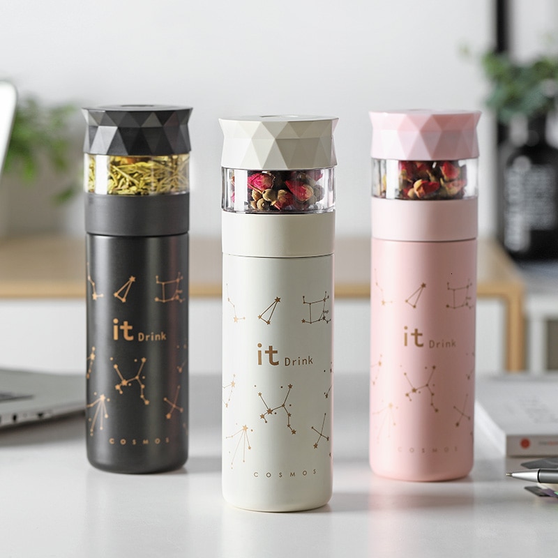 Stainless Steel Thermos Cup Vacuum Flask Heat Preservation Tea Strainer Separation Infuser With Button Portable Mug