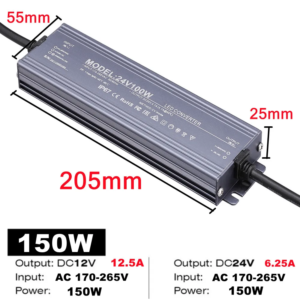 Waterproof Power Supply IP67 IP68 Lighting Transformer AC220V To DC 12V 24V LED Driver 100W 200W 300W 400W 500W Outdoor Adapter: Blue / 12V