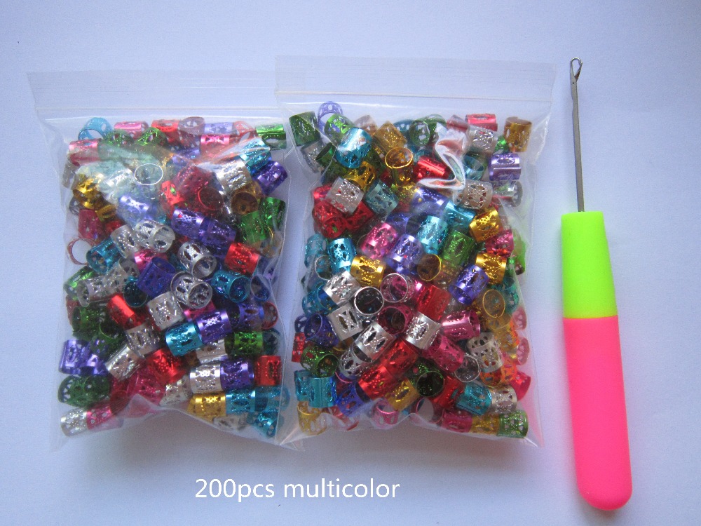 200Pcs/Lot hair braid dread dreadlock beads diy adjustable cuffs clips for women men hair accessories+ 1pcs free crochet needle