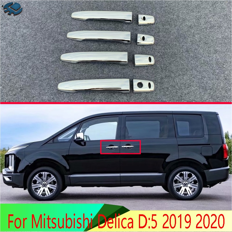 For Mitsubishi Delica D:5 Car Accessories ABS Chrome Door Handle Cover With Smart Key Hole Catch Cap Trim Molding