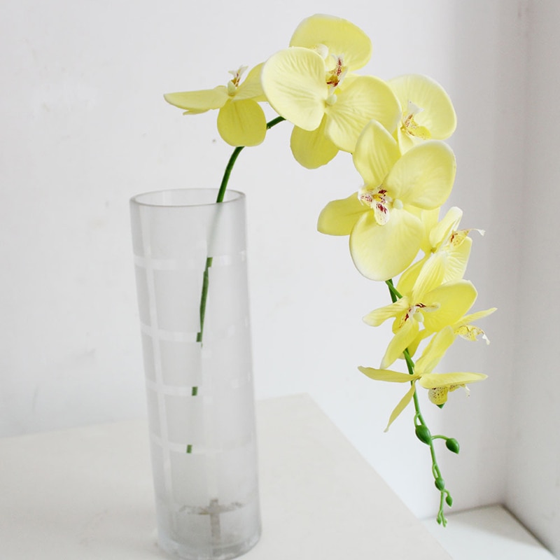 Konstgjord plast fjäril orkidé siden blomma hem bröllop dekoration prydnad enda 9- blomma phalaenopsis konstgjord blomma: Gul