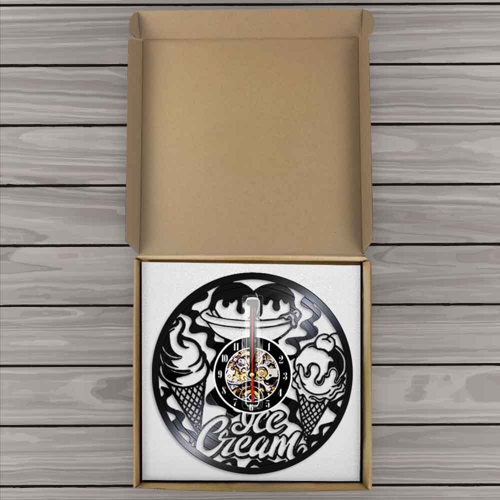 Ijssalon, bedrijfsbord, wandklok, keukendecoratie, moderne ijshoorn, dessert, vintage vinylplaat, wandklok