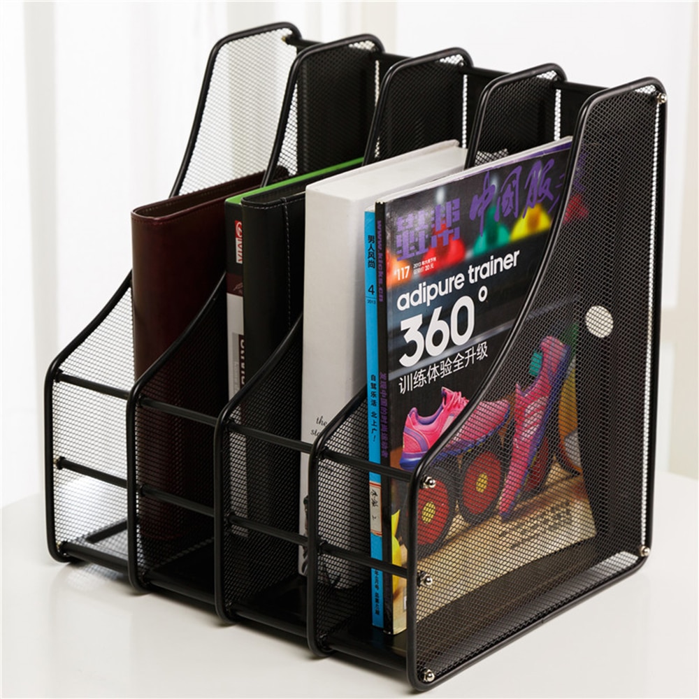 Metal Mesh Desktop Basket Resume File Folder Holders Detachable Magazine Document Display Storage Organizer with 4 Compartment
