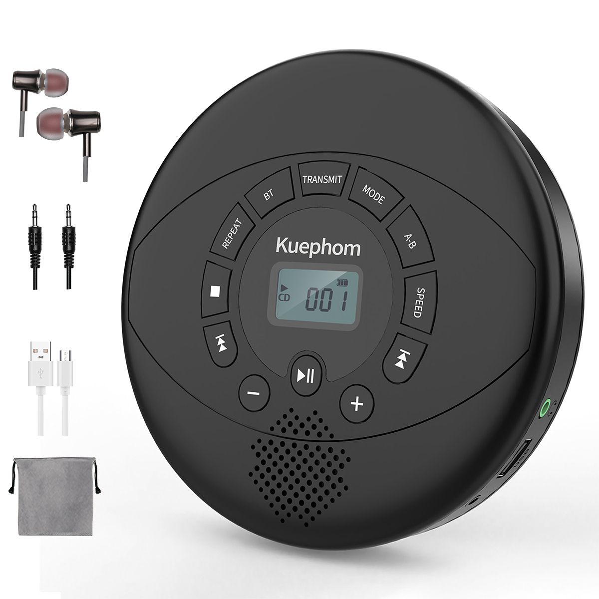 Bærbar cd-afspiller med bluetooth genopladelig discman med højttaler og øretelefoner walkman cd med højttaler og bluetooth-sender: Sort