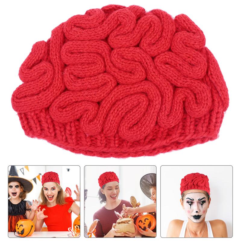 1pc Halloween Hat Spoof Horror Brain Shape Cap Hand-knit Prank Cap for Halloween