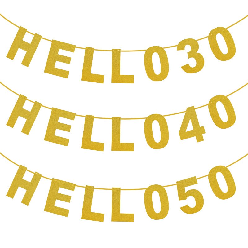 7 Flags Glitter Gold Paper Banners HELLO 30 40 50 Letter Number Bunting Garland For Adults Birthday Party Decoration Supplies