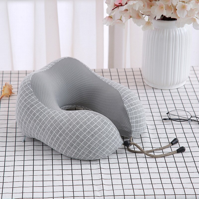 Almohada con relleno de espuma viscoelástica para el cuello, cojín magnético en forma de U para viajes, oficina, almuerzo, Coche: gray grid