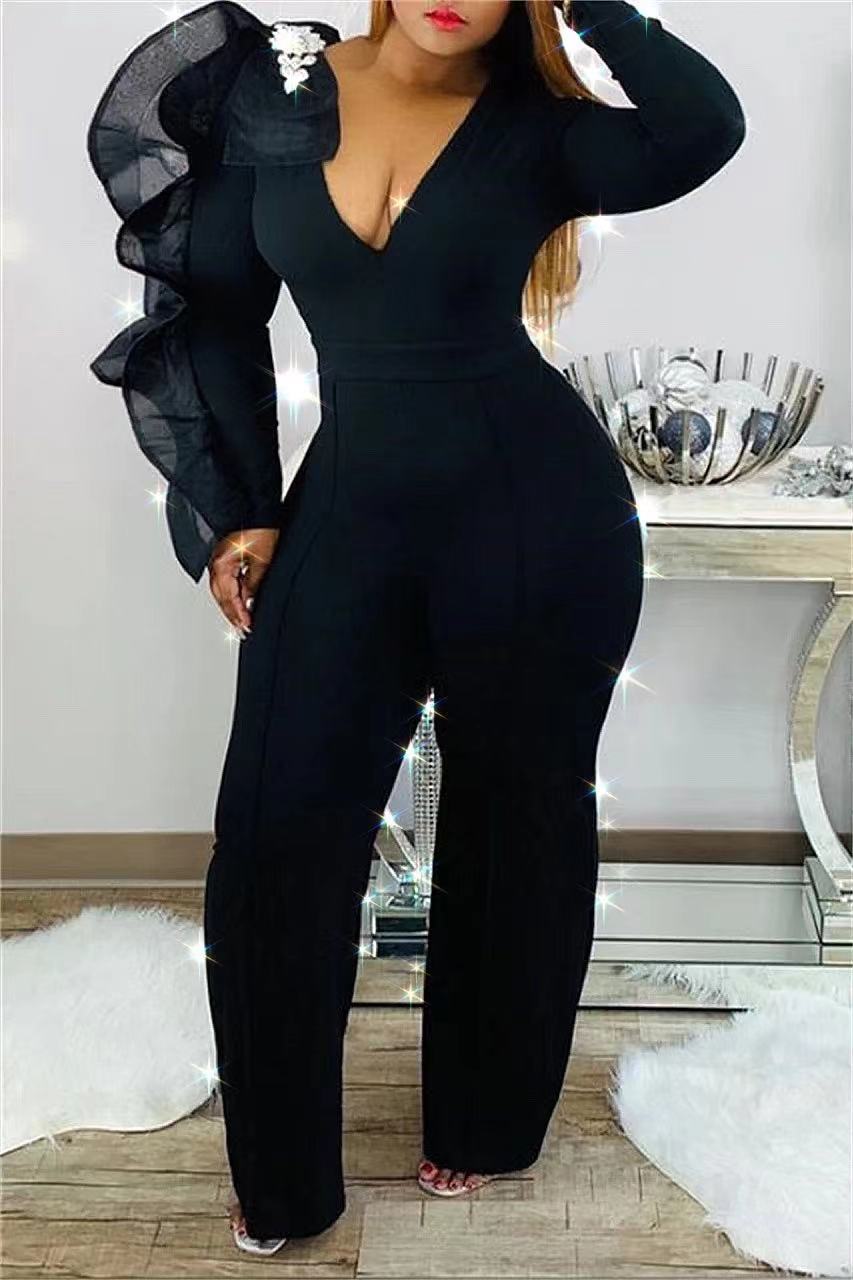 CM.YAYA – combinaison droite Vintage, grande taille, à volants, épissage, manches longues, décolleté en v profond, soirée, une pièce: Black / L