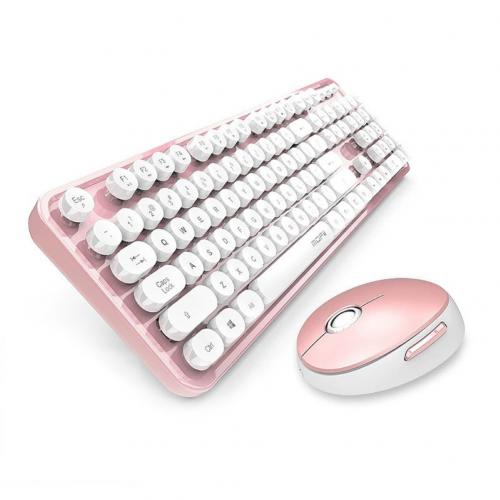 Teclado y ratón inalámbricos universales, 2,4G, conjunto de teclado mecánico portátil para el hogar y la Oficina: White Pink