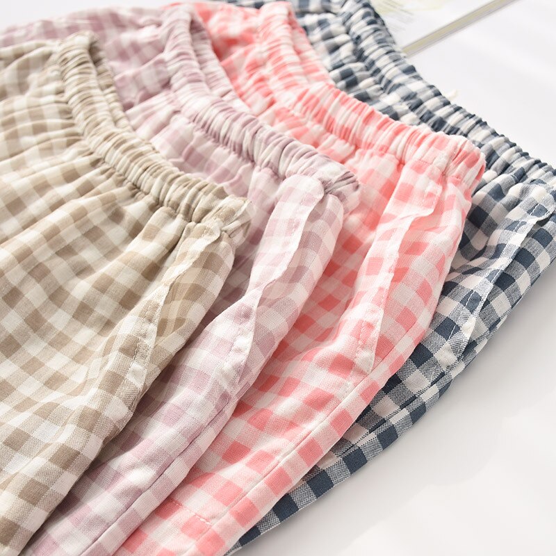 Cuplu de vară pantaloni scurți în carouri tifon de bumbac pantaloni subțiri de pijama îmbrăcăminte de dormit pentru femei pantaloni de noapte pantaloni de noapte
