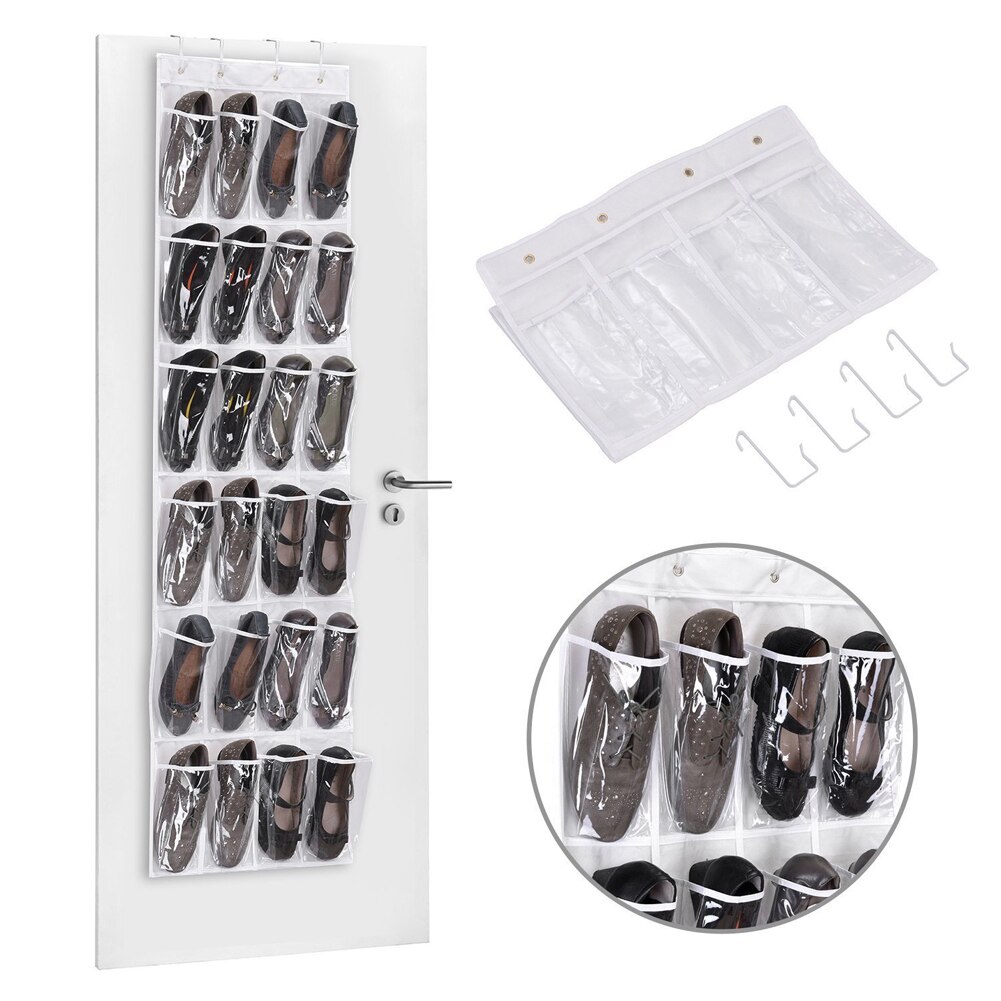 12/24 Pocket Over the Door Shoe Organizer Rack Hanging Storage Space Saver Hanger: Transparent24 Pocket