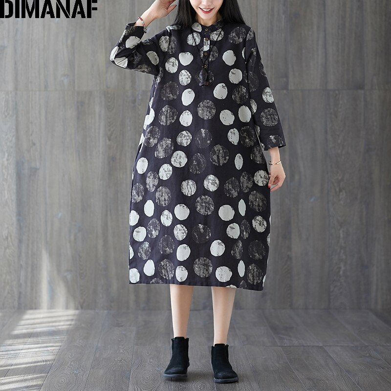 DIMANAF grande taille femmes robe Vintage à manches longues imprimé point femme Vestidos coton tenue décontractée en vrac automne vêtements: Bao9103-hei / XL
