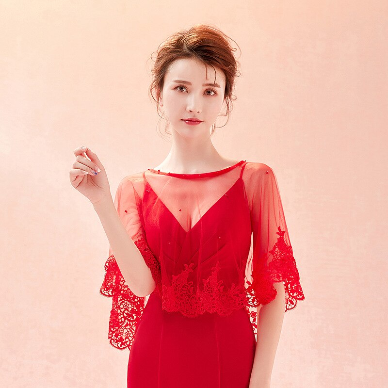 JaneVini Summer Red Lace Bridal Wraps Shawl Bolero Women Coprispalle Tulle Wedding Shawl Boleros Beaded Party Jackets: Default Title