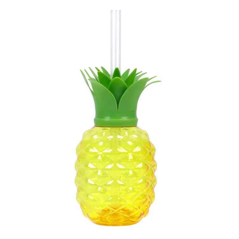 1/3/6Pcs Plastic Pineapple Cups with Straw Strawberry Cup Hawaiian Luau Birthday Party Decoration Summer Beach Drinking Cup: Fluorescence Yellow