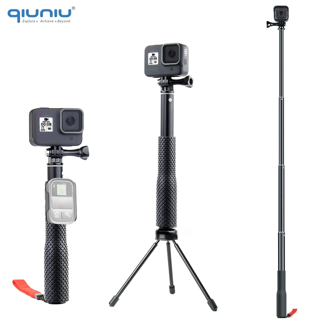 QIUNIU Uitschuifbare Monopod Selfie Stick Handheld Pole met Statief Adapter Mount voor GoPro Hero 8/7/6/ 5 voor DJI Osmo Pocket Camera