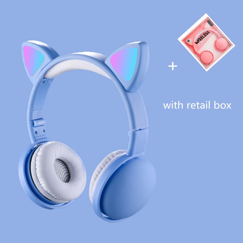 Cat Ear LED Headphones Noise-Cancelling Bluetooth 5.0 Kids Girls and Boys Folding Headset Support TF Card 3.5mm Plug With Mic: blue retai box
