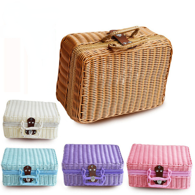 Paniers en rotin PP rétro, panier de rangement pour pique-nique, valise WUNICEF avec boîte à la main, boîte de rangement cosmétique tissée, rangement d'organisation