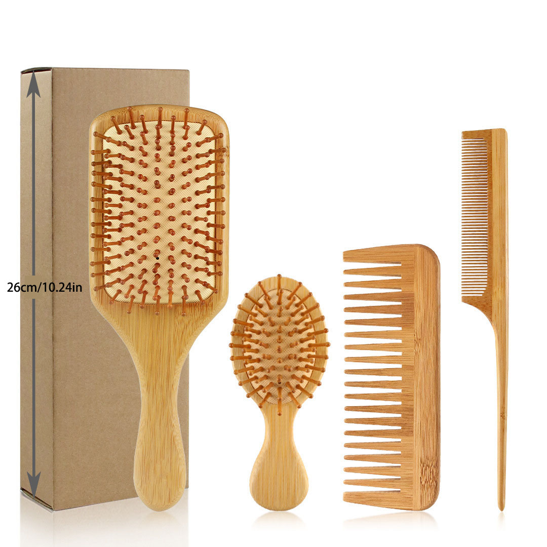 Bamboo Hair Brushes and Comb Set, Comb for Women and Detangling, Great on All Hair, Handmade for Women Men
