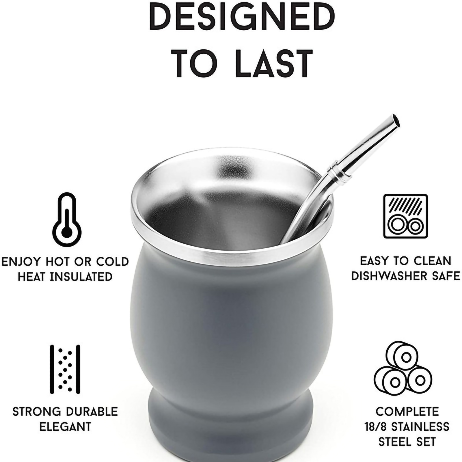 Unisex Yerba Mate Teacups 8oz Solid Color Stainless Steel Insulation Cup with Straw Brush for Household Office