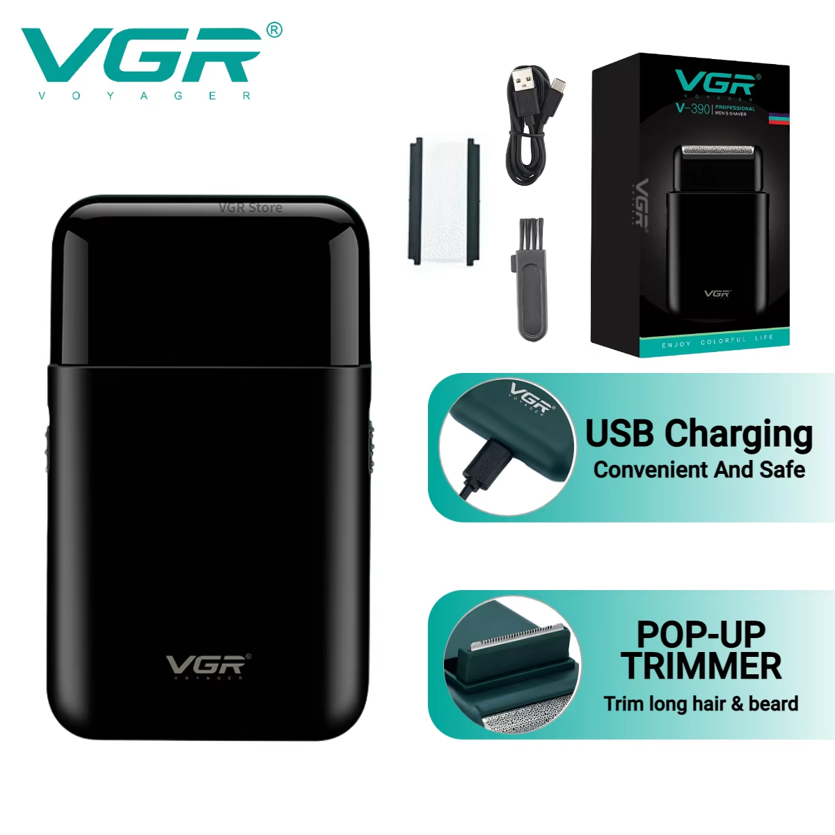 VGR Trimmer Oplaadbaar Afwerking Baardtrimmer Mini Draagbaar Scheerapparaat Professioneel Elektrisch Scheerapparaat Scheermachine voor mannen V-390