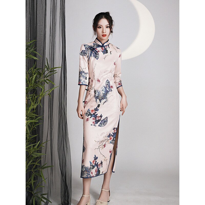 Pink Cheongsam Vintage Chinese Style Dress Women Clothing Long Dress Floral Qipao S to XXL