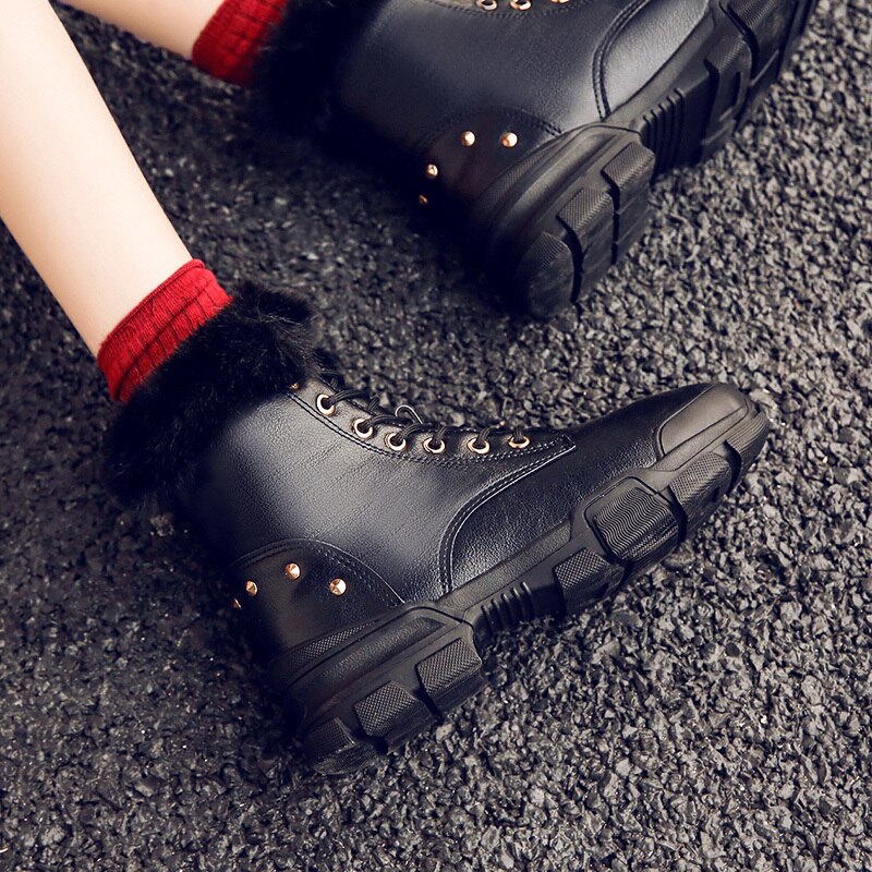 Mode Lederen Bont Gevoerde Vrouwen Casual Korte Enkellaarsjes Winter Laarzen Voor Dames Lace Up Snowboots Schoenen Zwart Wit U357
