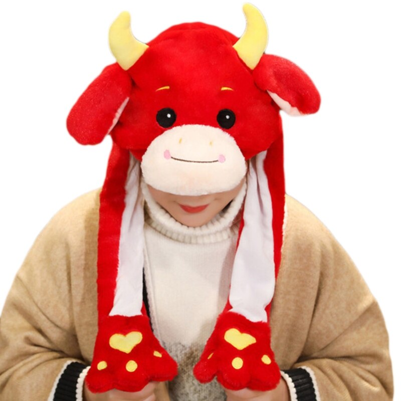 Grappig Ox Dier Pluche Hoed Met Moving Jumping Oren Jaar Cartoon Knuffel Mooie Koe Vee Oorklep Cap Party prop: B