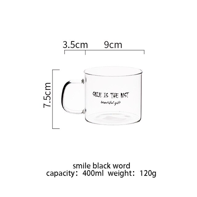 400ml Alphabet Cartoon Heart Pattern Mug Glass Handle Mugs For Milk Coffee Beer Home Office Drinnkware Water Cup Couple: smile black