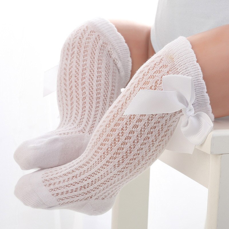 Calcetines de malla hasta la rodilla para bebé, medias de algodón de Color sólido, con bonitos lazos, para niña: white 2-3Y