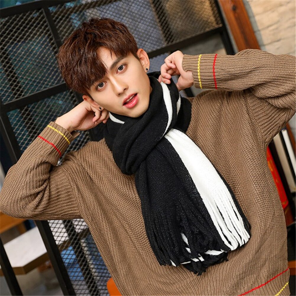 Men Scarves Winter Wool Scarf Striped 200Cm Long Scarves Wrap Knit Shawl Beige Striped Tassels Scarves: Black