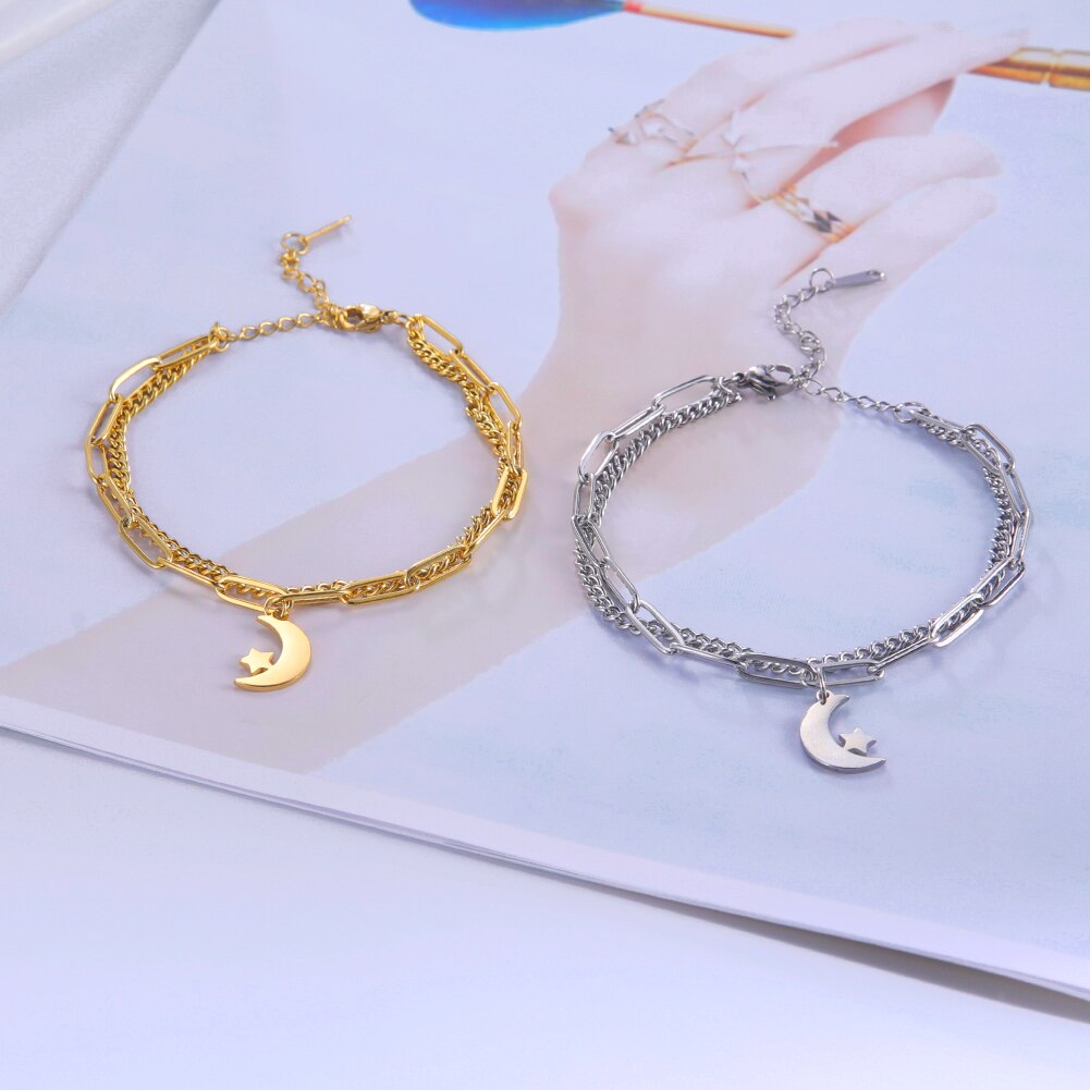 Cazador 2022 Mond und Sterne Armbinde auf Hand Doppel Kette Armbänder für Frauen Edelstahl Schmuck Geburtstag