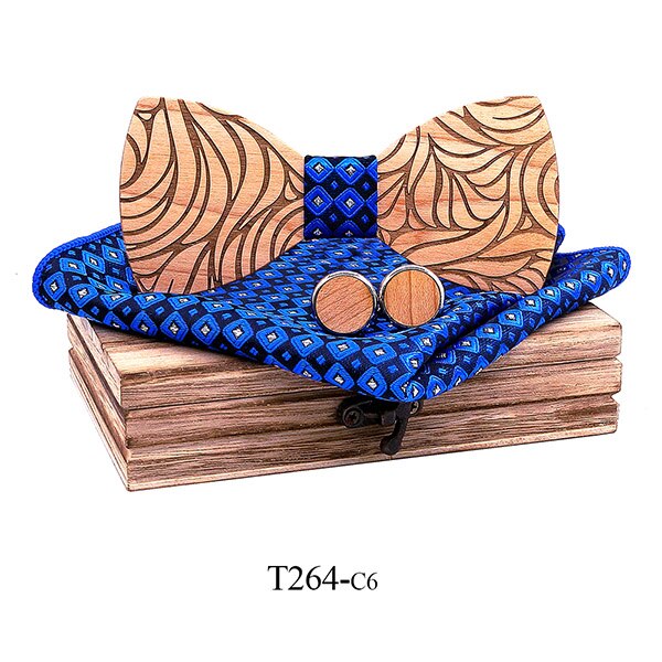 Men Wooden bow tie set Handkerchief Cufflinks wood bowtie wedding tie corbata Wooden Ties Gravata set gentlemen wear: T264-C6