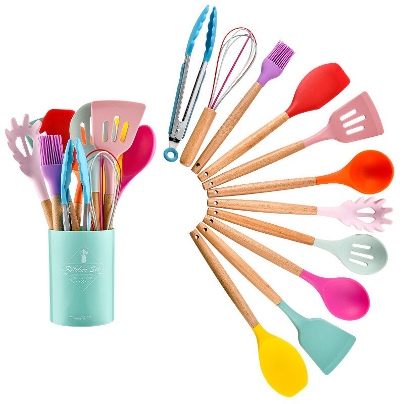 Juego de Utensilios de Silicona para la Cocina, Instrumentos para Cocinar, Espátula y Pala Antiadherente, Accesorio con Mango de Madera, con Recipiente de Almacenamiento: Rainbow