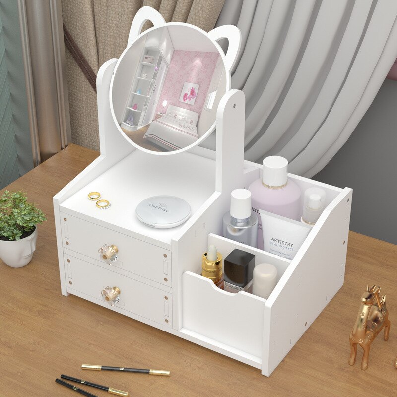 Espejo de maquillaje con orejas de gato para mujer, organizador de cosméticos de escritorio, tipo cajón de plástico de madera, caja de almacenamiento de cosméticos, estante con espejo de tocador: style A