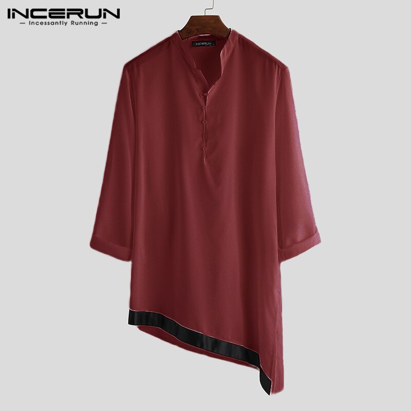 Incerun islamitische kleding heren onregelmatig overhemd staande kraag lange mouw indiase kleding patchwork vintage lange shirts heren s -5xl: Wijnrood overhemd / 4xl