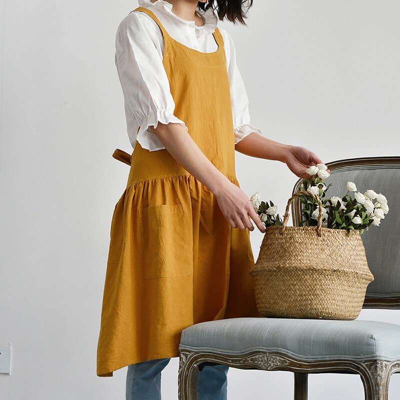 Delantales de cocina para restaurante ropa de algodón y lino para mujer, delantal de trabajo para cafetería y cafetería, delantales de babero para barbacoa, Herramientas de limpieza para mujer: YELLOW