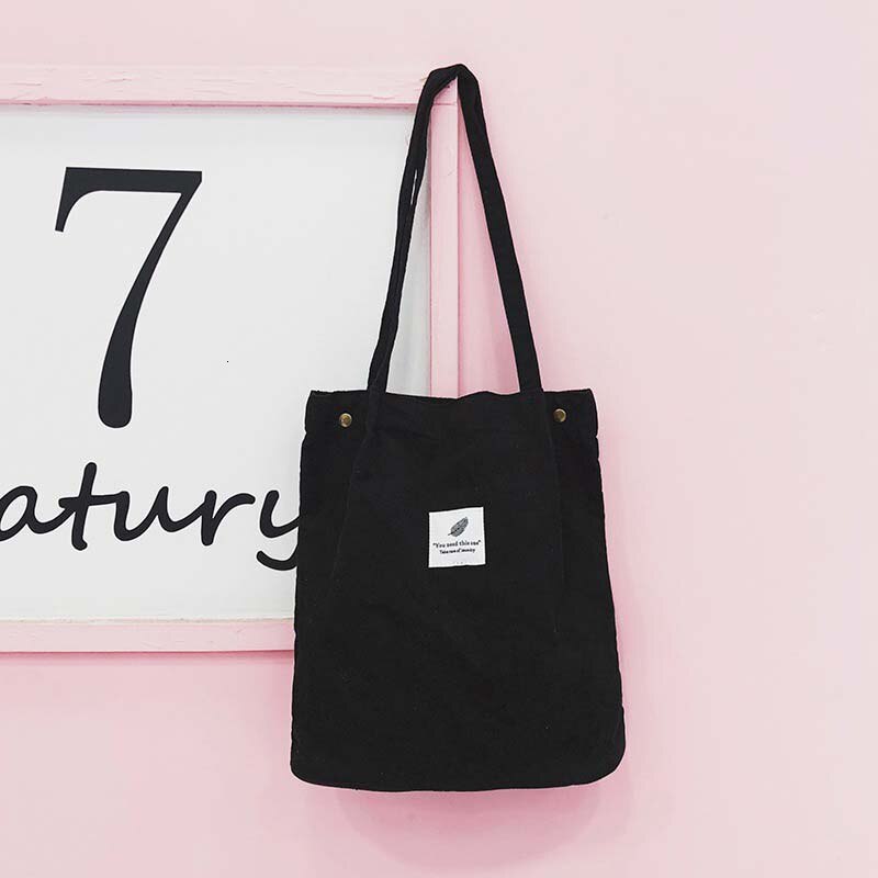 Herald femmes velours côtelé sac à provisions solide toile femme sac à bandoulière environnement stockage sac à main réutilisable fourre-tout sacs: Black