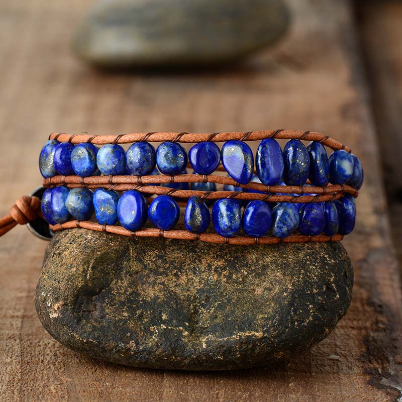Stenen kralen heren dames leren wikkelarmbanden met lapis lazuli kralen 2x polsbandjes armband koppels sieraden