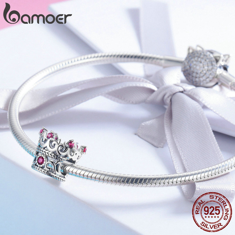 Bamoer na moda 925 prata esterlina rainha coroa rosa cz cristal charme grânulos ajuste pulseiras femininas pulseira diy jóias fazendo scc776