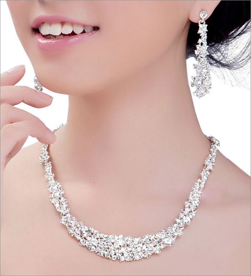 Treazy Kwastje Crystal Bridal Bruiloft Sieraden Sets Voor Vrouwen Zilveren Kleur Choker Ketting Oorbellen Set Wedding Party Sieraden