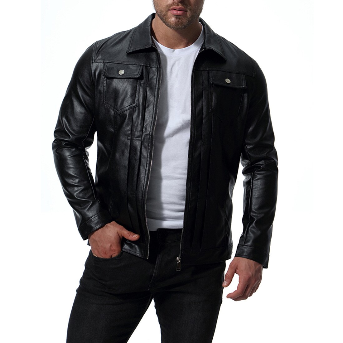 Outono água lavagem motociclista jaqueta preto turn-down collar jaquetas de couro falso