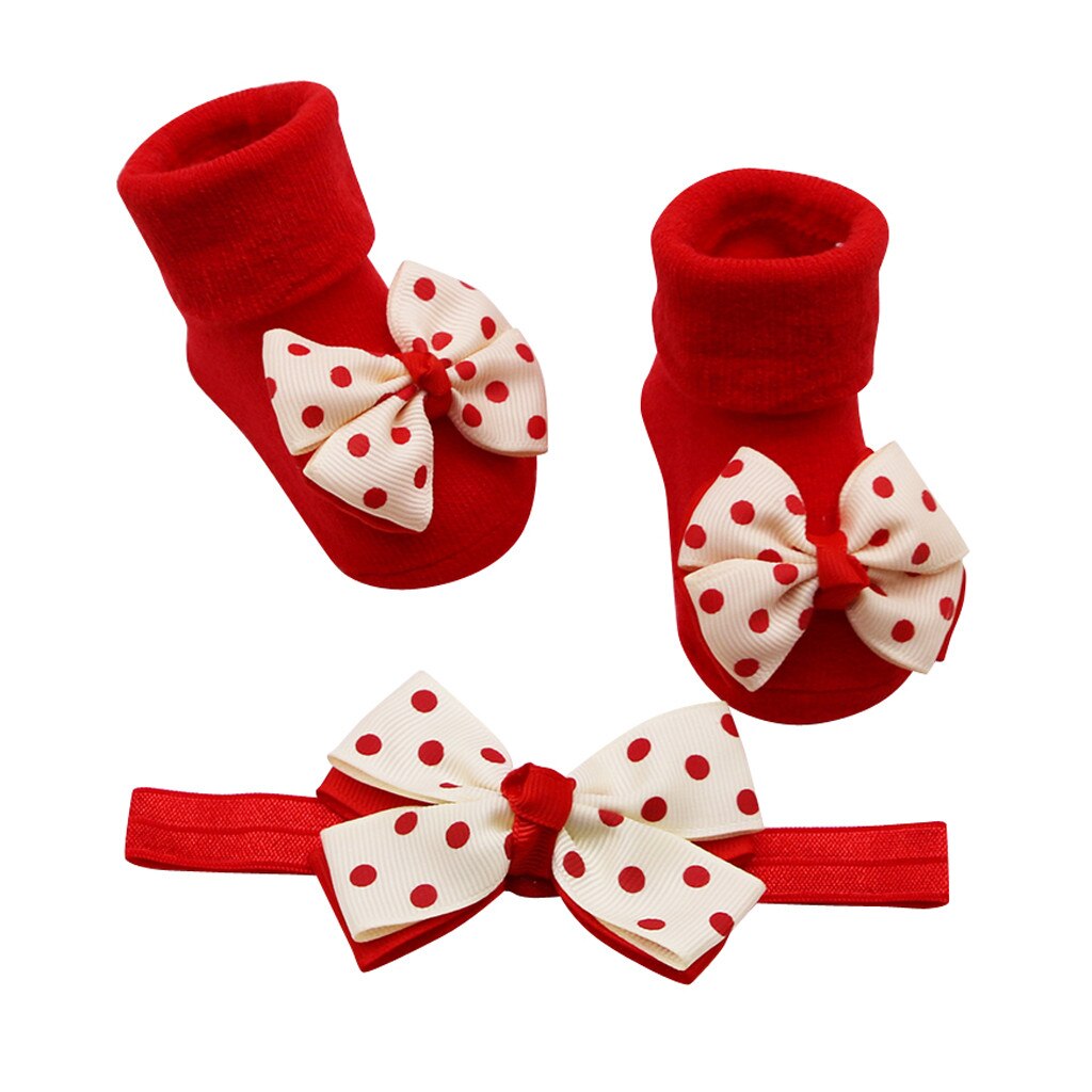 Baby Infant Socks +1pc Hair Belt Toddler Girls Bow Wave Point Anti-slip Socks Kawaii Baby Socks Детская Носки