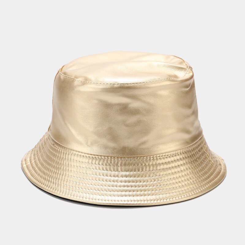 Nowa torebka typu wiaderko kapelusz Faux Skórzany odwracalne rybak kapelusze PU bawełna wodoodporne czapki wędkarskie solidna moda męska i damska Panama: złoty